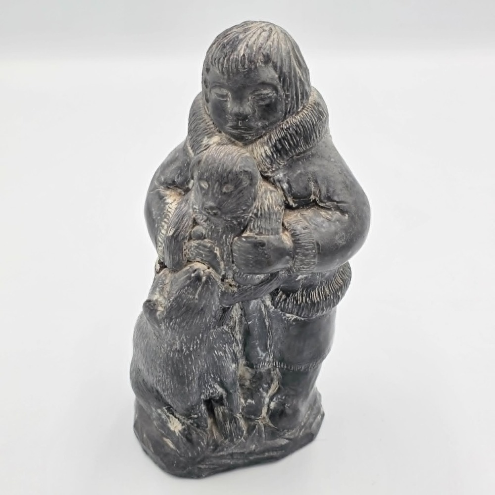 Wolf Original Inuit Eskimo with Sled Dog & Puppy Soapstone Sculpture Canada